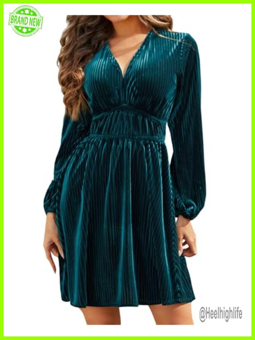 Velvet Striped Mini Dress Long Sleeve V Neck High Waist A-Line
